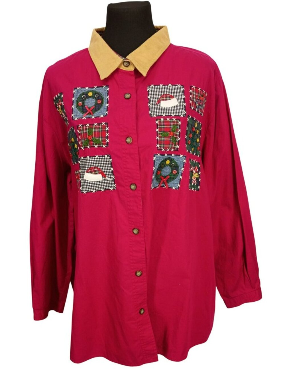Bobbie Brooks Vintage Womens Red Christmas Button-Up Shirt 26W Embroidered Holid